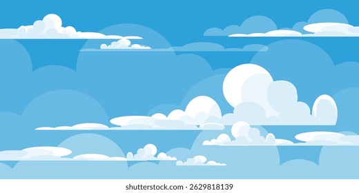 Sky with Clouds illustration in flat style. Sky and clouds background. Cloudy vector cartoon illustration in blue color. Nature abstract wallpaper.