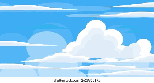 Sky with Clouds illustration in flat style. Sky and clouds background. Cloudy vector cartoon illustration in blue color. Nature abstract wallpaper.