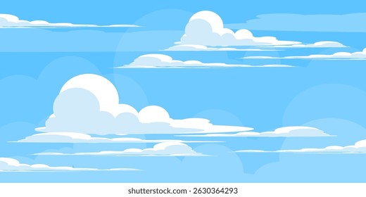 Sky with Clouds illustration in flat style. Sky and clouds background. Cloudy vector cartoon illustration in blue color. Nature abstract wallpaper.