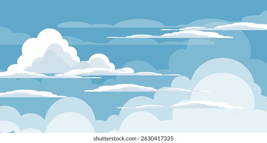 Sky with Clouds illustration in flat style. Sky and clouds background. Cloudy vector cartoon illustration in blue color. Nature abstract wallpaper.
