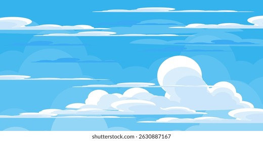 Sky with Clouds illustration in flat style. Sky and clouds background. Cloudy vector cartoon illustration in blue color. Nature abstract wallpaper.