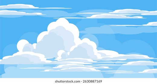 Sky with Clouds illustration in flat style. Sky and clouds background. Cloudy vector cartoon illustration in blue color. Nature abstract wallpaper.