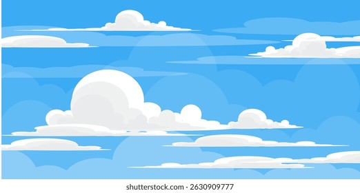 Sky with Clouds illustration in flat style. Sky and clouds background. Cloudy vector cartoon illustration in blue color. Nature abstract wallpaper.