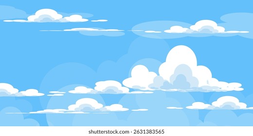 Sky with Clouds illustration in flat style. Sky and clouds background. Cloudy vector cartoon illustration in blue color. Nature abstract wallpaper.