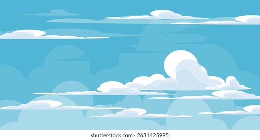 Himmel mit Wolken Illustration im flachen Stil. Himmel und Wolken Hintergrund. Trübe Vektorkarikatur in blauer Farbe. Natur abstrakte Tapete.