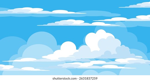 Sky with Clouds illustration in flat style. Sky and clouds background. Cloudy vector cartoon illustration in blue color. Nature abstract wallpaper.