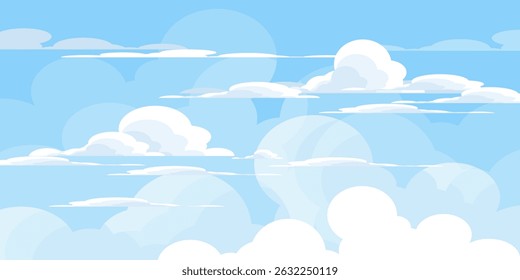Sky with Clouds illustration in flat style. Sky and clouds background. Cloudy vector cartoon illustration in blue color. Nature abstract wallpaper.