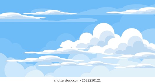 Sky with Clouds illustration in flat style. Sky and clouds background. Cloudy vector cartoon illustration in blue color. Nature abstract wallpaper.