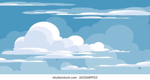 Sky with Clouds illustration in flat style. Sky and clouds background. Cloudy vector cartoon illustration in blue color. Nature abstract wallpaper.
