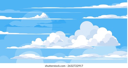 Sky with Clouds illustration in flat style. Sky and clouds background. Cloudy vector cartoon illustration in blue color. Nature abstract wallpaper.