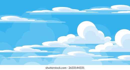 Sky with Clouds illustration in flat style. Sky and clouds background. Cloudy vector cartoon illustration in blue color. Nature abstract wallpaper.