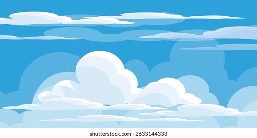 Sky with Clouds illustration in flat style. Sky and clouds background. Cloudy vector cartoon illustration in blue color. Nature abstract wallpaper.