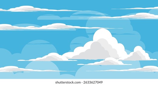 Cielo con la ilustración de las nubes en estilo plano. Cielo y fondo de nubes. Ilustración de dibujos animados de Vector nublado en color azul. Fondo de pantalla abstracto de Naturaleza.