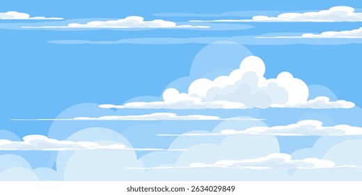 Himmel mit Wolken Illustration im flachen Stil. Himmel und Wolken Hintergrund. Trübe Vektorkarikatur in blauer Farbe. Natur abstrakte Tapete.