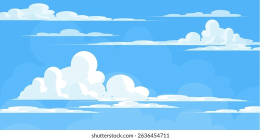 Cielo con la ilustración de las nubes en estilo plano. Cielo y fondo de nubes. Ilustración de dibujos animados de Vector nublado en color azul. Fondo de pantalla abstracto de Naturaleza. 
cielo de verano