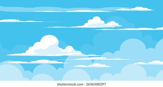Sky with Clouds illustration in flat style. Sky and clouds background. Cloudy vector cartoon illustration in blue color. Nature abstract wallpaper. 