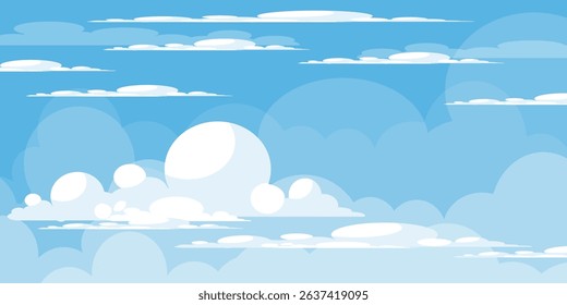 Sky with Clouds illustration in flat style. Sky and clouds background. Cloudy vector cartoon illustration in blue color. Nature abstract wallpaper.