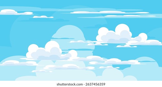 Sky with Clouds illustration in flat style. Sky and clouds background. Cloudy vector cartoon illustration in blue color. Nature abstract wallpaper.