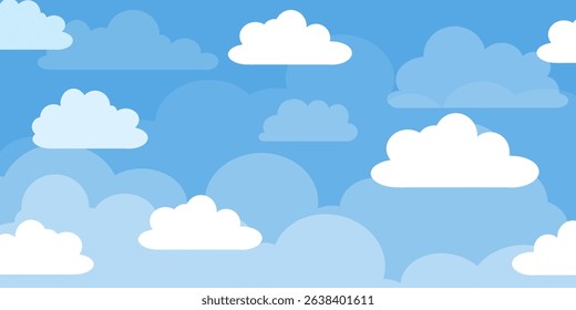 Sky with Clouds illustration in flat style. Sky and clouds background. Cloudy vector cartoon illustration in blue color. Nature abstract wallpaper.