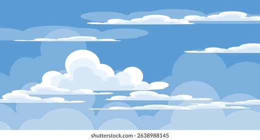 Sky with Clouds illustration in flat style. Sky and clouds background. Cloudy vector cartoon illustration in blue color. Nature abstract wallpaper.