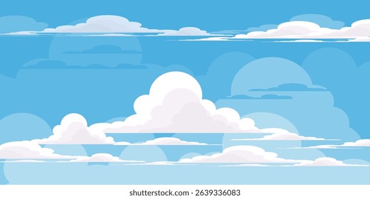 Sky with Clouds illustration in flat style. Sky and clouds background. Cloudy vector cartoon illustration in blue color. Nature abstract wallpaper.