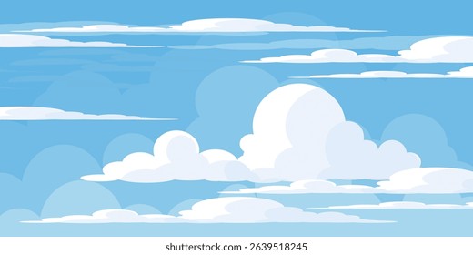 Sky with Clouds illustration in flat style. Sky and clouds background. Cloudy vector cartoon illustration in blue color. Nature abstract wallpaper.