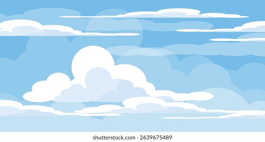 Sky with Clouds illustration in flat style. Sky and clouds background. Cloudy vector cartoon illustration in blue color. Nature abstract wallpaper.