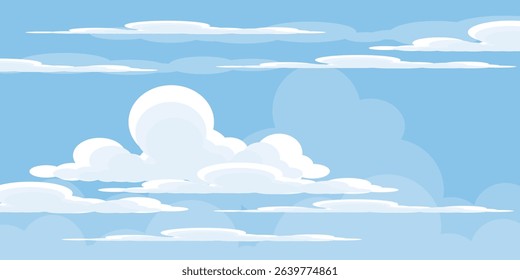 Sky with Clouds illustration in flat style. Sky and clouds background. Cloudy vector cartoon illustration in blue color. Nature abstract wallpaper.