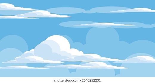 Sky with Clouds illustration in flat style. Sky and clouds background. Cloudy vector cartoon illustration in blue color. Nature abstract wallpaper.