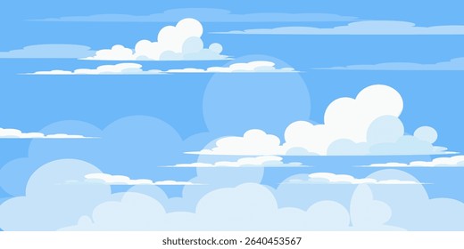 Sky with Clouds illustration in flat style. Sky and clouds background. Cloudy vector cartoon illustration in blue color. Nature abstract wallpaper.