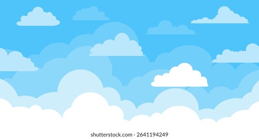 Sky with Clouds illustration in flat style. Sky and clouds background. Cloudy vector cartoon illustration in blue color. Nature abstract wallpaper.
