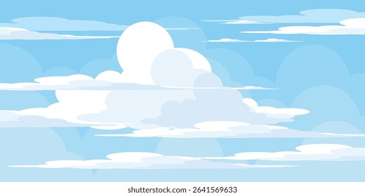 Sky with Clouds illustration in flat style. Sky and clouds background. Cloudy vector cartoon illustration in blue color. Nature abstract wallpaper.