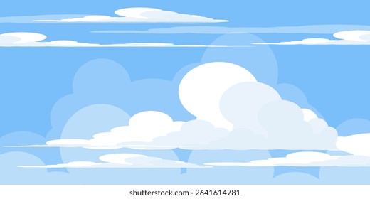 Sky with Clouds illustration in flat style. Sky and clouds background. Cloudy vector cartoon illustration in blue color. Nature abstract wallpaper.
