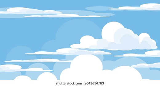 Sky with Clouds illustration in flat style. Sky and clouds background. Cloudy vector cartoon illustration in blue color. Nature abstract wallpaper.