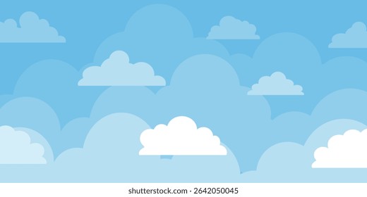 Sky with Clouds illustration in flat style. Sky and clouds background. Cloudy vector cartoon illustration in blue color. Nature abstract wallpaper.