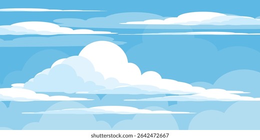 Sky with Clouds illustration in flat style. Sky and clouds background. Cloudy vector cartoon illustration in blue color. Nature abstract wallpaper.