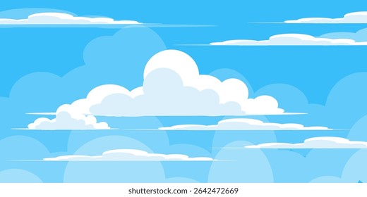 Sky with Clouds illustration in flat style. Sky and clouds background. Cloudy vector cartoon illustration in blue color. Nature abstract wallpaper.
