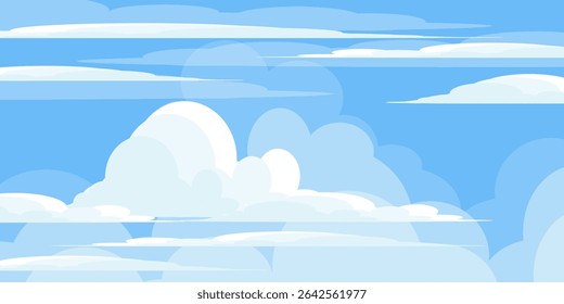 Sky with Clouds illustration in flat style. Sky and clouds background. Cloudy vector cartoon illustration in blue color. Nature abstract wallpaper.