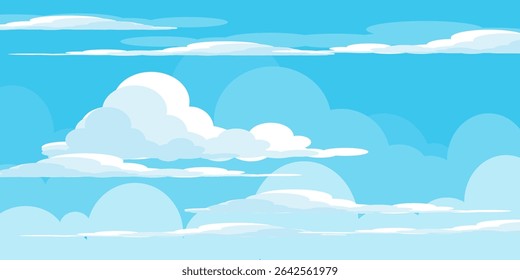 Sky with Clouds illustration in flat style. Sky and clouds background. Cloudy vector cartoon illustration in blue color. Nature abstract wallpaper.