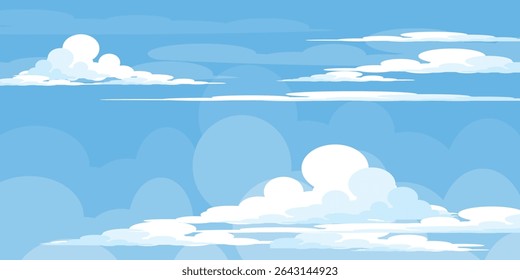 Sky with Clouds illustration in flat style. Sky and clouds background. Cloudy vector cartoon illustration in blue color. Nature abstract wallpaper.