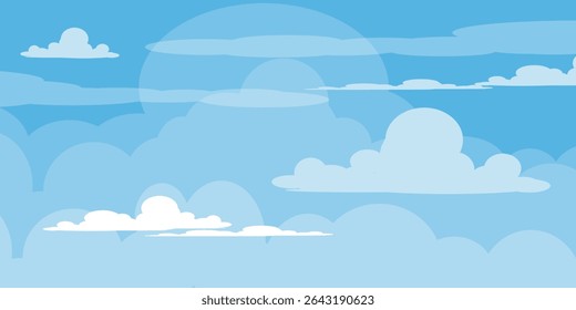 Sky with Clouds illustration in flat style. Sky and clouds background. Cloudy vector cartoon illustration in blue color. Nature abstract wallpaper.