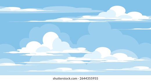 Sky with Clouds illustration in flat style. Sky and clouds background. Cloudy vector cartoon illustration in blue color. Nature abstract wallpaper.