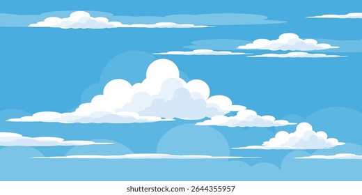 Sky with Clouds illustration in flat style. Sky and clouds background. Cloudy vector cartoon illustration in blue color. Nature abstract wallpaper.