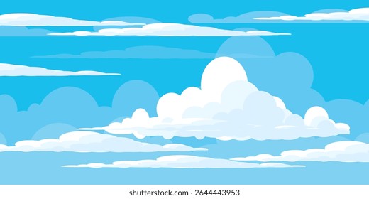 Sky with Clouds illustration in flat style. Sky and clouds background. Cloudy vector cartoon illustration in blue color. Nature abstract wallpaper.