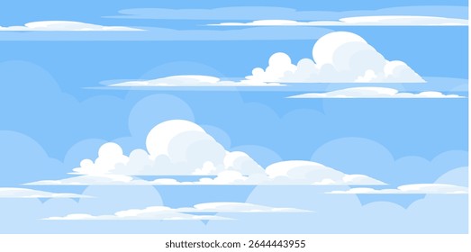 Sky with Clouds illustration in flat style. Sky and clouds background. Cloudy vector cartoon illustration in blue color. Nature abstract wallpaper.
