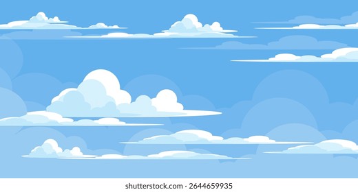Sky with Clouds illustration in flat style. Sky and clouds background. Cloudy vector cartoon illustration in blue color. Nature abstract wallpaper.