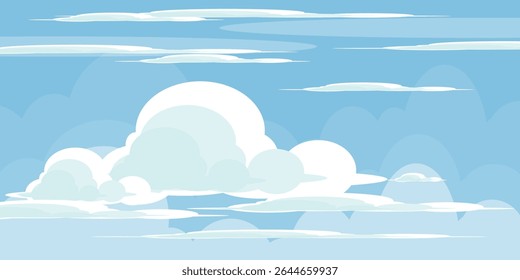 Sky with Clouds illustration in flat style. Sky and clouds background. Cloudy vector cartoon illustration in blue color. Nature abstract wallpaper.
