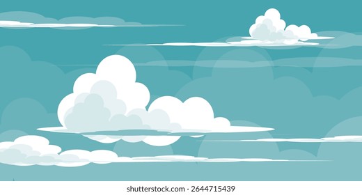 Sky with Clouds illustration in flat style. Sky and clouds background. Cloudy vector cartoon illustration in blue color. Nature abstract wallpaper.