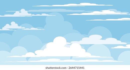Ilustração de Céu com Nuvens em estilo plano. Fundo do céu e das nuvens. Ilustração de desenho animado de vetor nublado em cor azul. Natureza abstrata papel de parede.