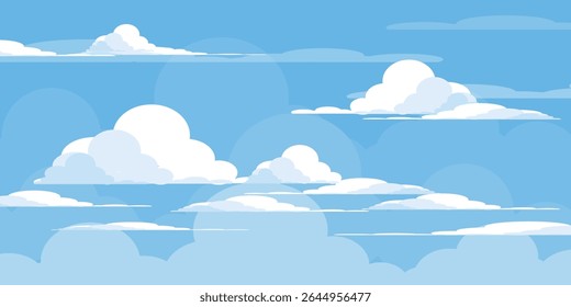 Sky with Clouds illustration in flat style. Sky and clouds background. Cloudy vector cartoon illustration in blue color. Nature abstract wallpaper.